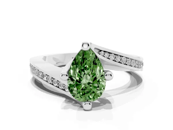Fancy Green Pear Cut Solitaire Diamond Twist Band with Pavé Setting and Four-Prong Setting Platinum