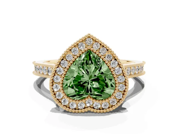 Fancy Green Halo Heart Cut-Cut Diamond Pave Band Milgrain Prong Setting Ring Yellow gold