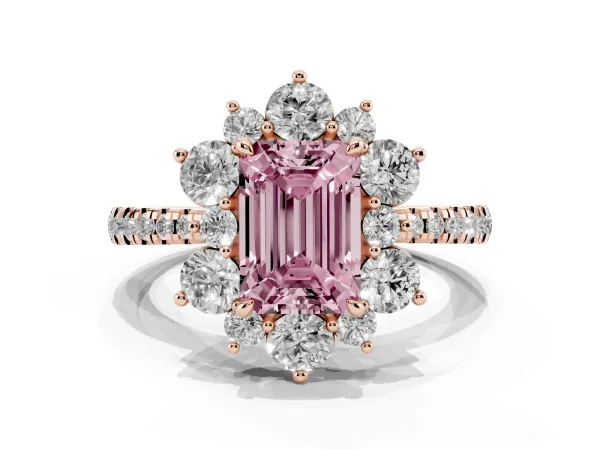 Fancy Pink Emerald Cut Diamond Floral Halo Ring with Round Pavé Band and Prong Setting Rose gold