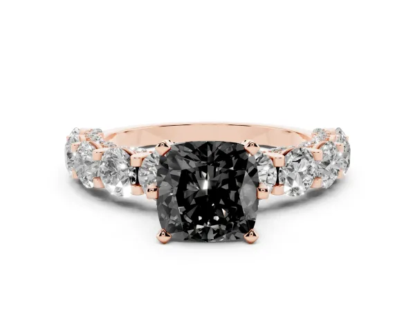 Fancy Black Cushion Cut Diamond Side Stone Engagement Ring with Four-Prong Setting Rose gold