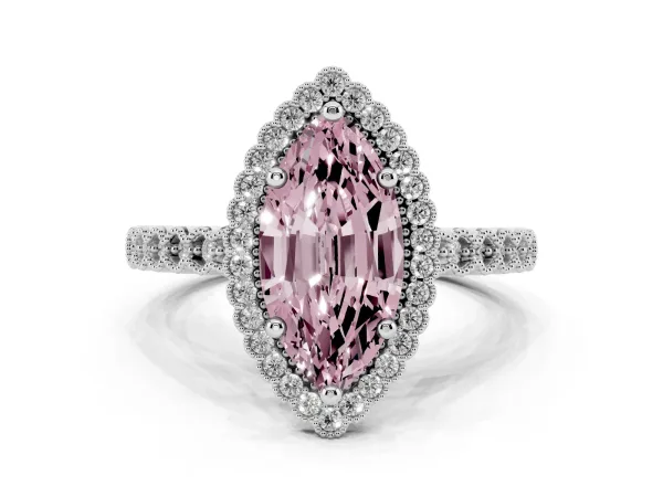 Fancy Pink Marquise Cut Cut Halo Pavé Solitaire Ring with Milgrain Band Platinum