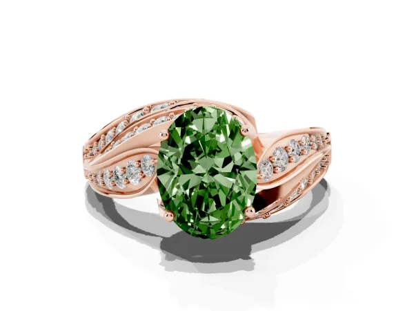 Fancy Green Oval Cut Diamond Solitaire Ring with Prong Setting and Twisted Pavé Band Rose gold