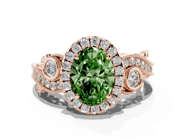 Fancy Green Oval Cut Diamond Halo Ring with Milgrain Pavé Band and Four-Prong Setting Rose gold