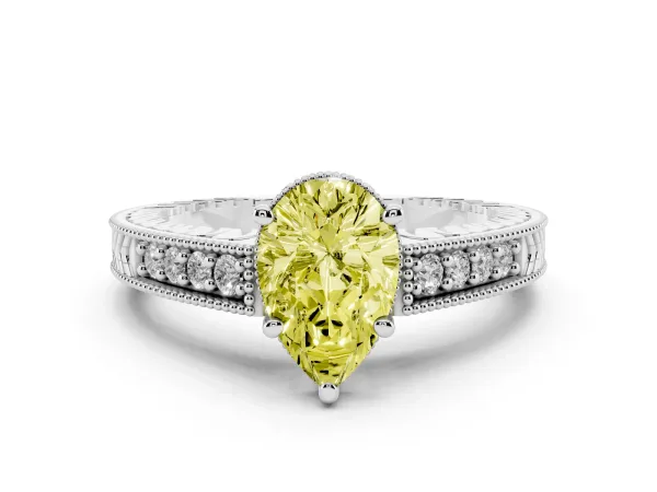 Fancy Yellow Pear Cut Solitaire Pavé Diamond Milgrain Engagement Ring with Four-Prong Setting Platinum