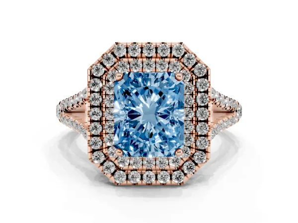Fancy Blue Radiant Cut Diamond Double Halo Ring with Pavé Band and Prong Setting Rose gold