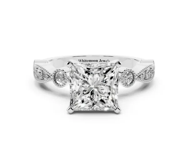 Princess Cut Milgrain Bezel Diamond Engagement Ring with Solitaire Prong Setting White gold