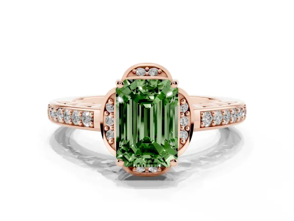 Fancy Green Emerald Cut Cut Halo Diamond Ring with Channel Set Band and Four-Prong Setting Rose gold