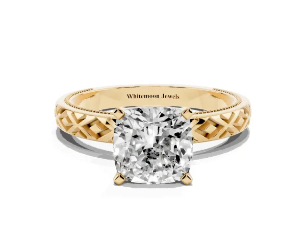 Cushion Cut Solitaire Diamond Ring with Milgrain and Black Enamel X Pattern Band Yellow gold