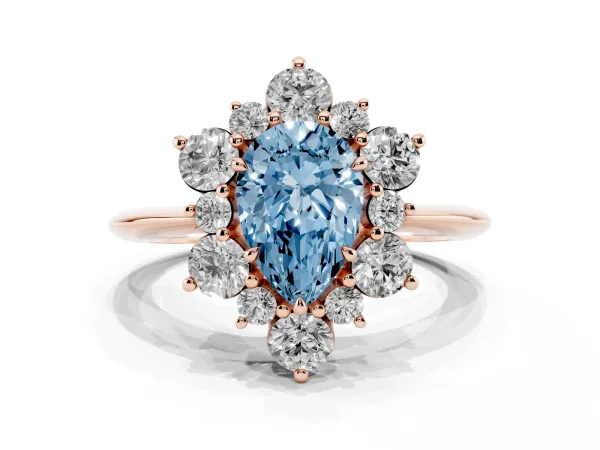 Fancy Blue Pear Cut Diamond Cluster Halo Ring with Solitaire Band and Four-Prong Setting Rose gold