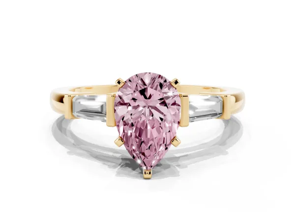 Fancy Pink Pear Cut Cut Diamond Solitaire Ring with Tapered Baguette Accents and Four-Prong Setting Yellow gold