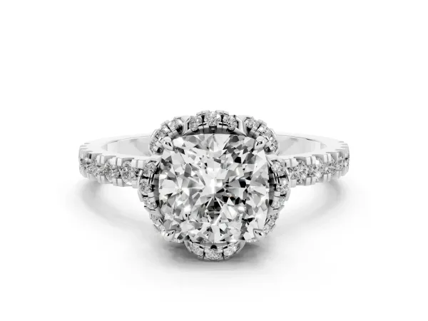 Cushion Cut Halo Diamond Pave Band Ring with Four-Prong Setting White gold
