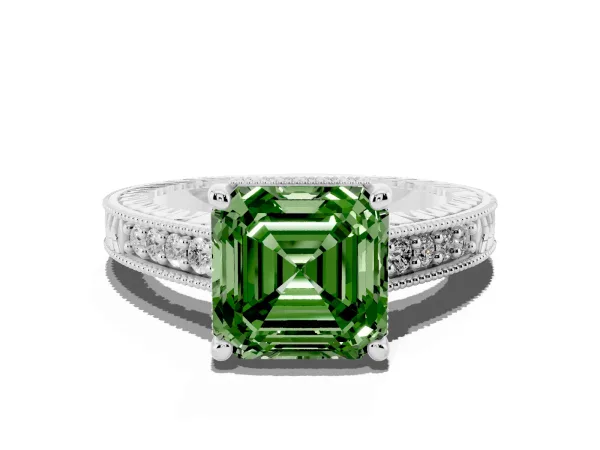 Fancy Green Asscher Cut Solitaire Pavé Diamond Milgrain Engagement Ring with Four-Prong Setting White gold
