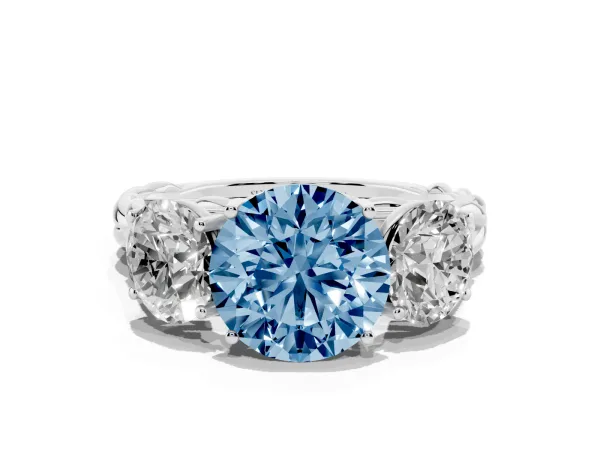 Fancy Blue Three-Stone Round Cut Diamond Braided Band Ring with Four-Prong Setting Platinum