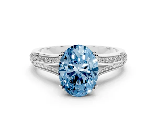Fancy Blue Oval Cut Diamond Split Shank Engagement Ring with Pavé Band White gold
