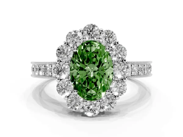 Fancy Green Oval Cut Cut Halo Diamond Pavé Engagement Ring with Milgrain Detailing White gold