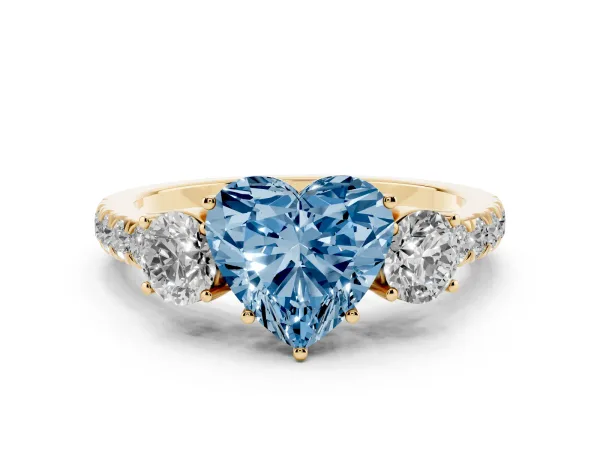 Fancy Blue Heart Cut Cut Diamond Three-Stone Ring with Round Side Stones and Pavé Band Yellow gold