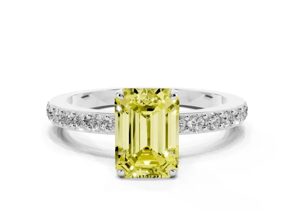 Fancy Yellow Emerald Cut Diamond Solitaire Engagement Ring with Pavé Band and Four-Prong Setting Platinum