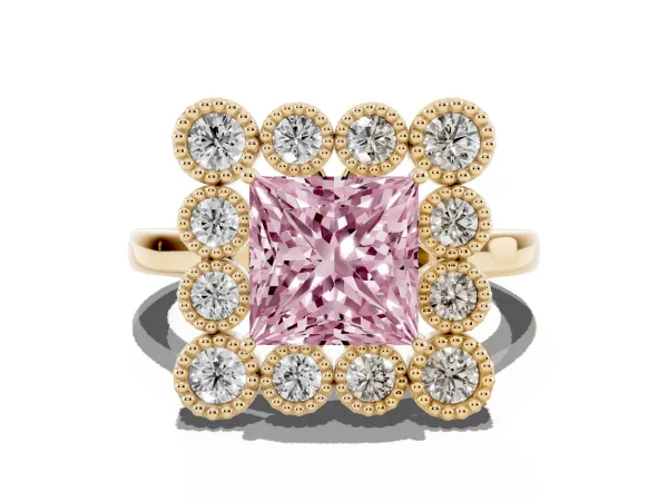 Fancy Pink Princess Cut Halo Diamond Cluster Engagement Ring with Milgrain Bezel Setting and Solitaire Band Yellow gold