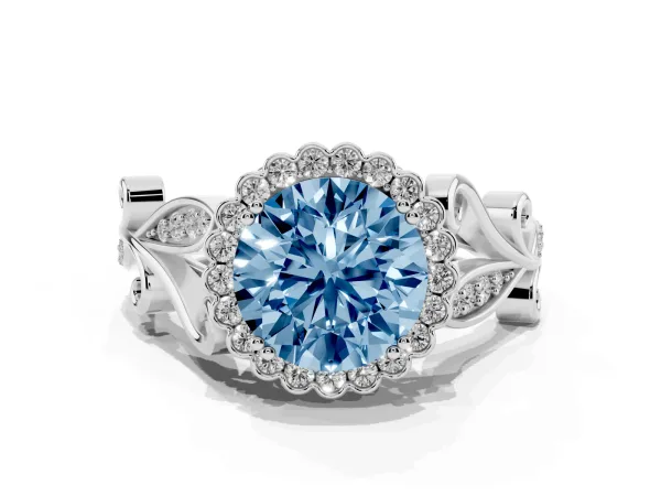 Fancy Blue Round Cut Diamond Halo Ring with Vintage Split Shank and Four-Prong Setting Platinum