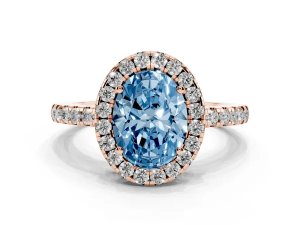 Fancy Blue Oval Cut Halo Diamond Engagement Ring with Pavé Band and Four-Prong Setting Rose gold