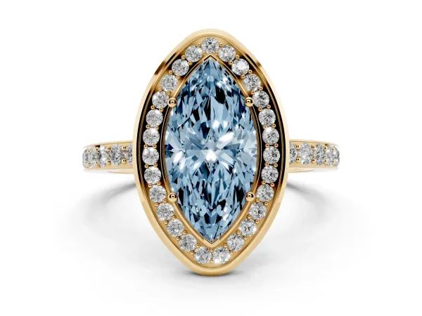Fancy Blue Marquise Cut Diamond Halo Ring with Bezel Frame and Pavé Band Yellow gold
