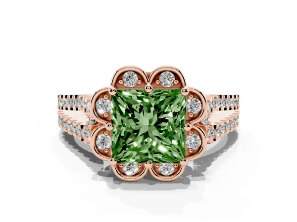 Fancy Green Princess Cut Halo Diamond Floral Split Shank Engagement Ring Rose gold