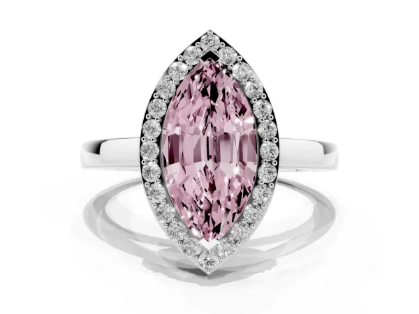 Fancy Pink Marquise Cut Halo Diamond Ring with Solitaire Band and Prong Setting White gold