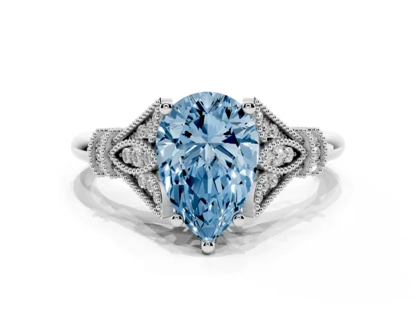 Fancy Blue Pear Cut Diamond Solitaire Ring with Floral Filigree and Pave Accents White gold