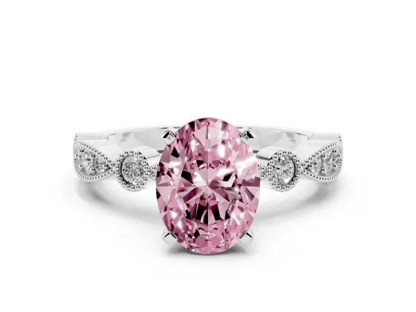 Fancy Pink Oval Cut Milgrain Bezel Diamond Engagement Ring with Solitaire Prong Setting Platinum