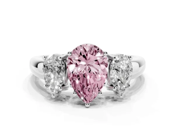 Fancy Pink Three-Stone Pear Cut Diamond Engagement Ring with Prong Setting White gold