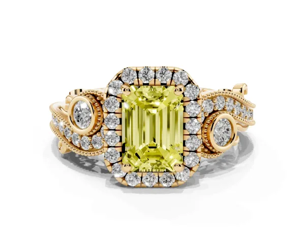 Fancy Yellow Emerald Cut Diamond Halo Ring with Milgrain Pavé Band and Four-Prong Setting Yellow gold