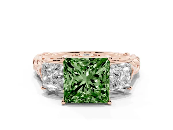 Fancy Green Three-Stone Princess Cut Diamond Braided Band Ring with Four-Prong Setting Rose gold