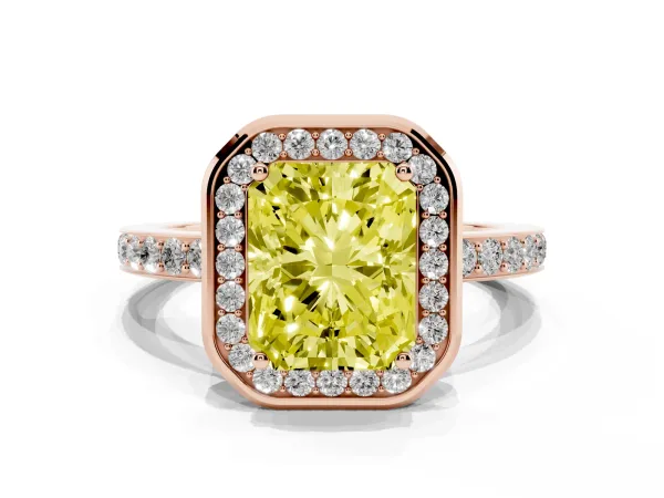 Fancy Yellow Radiant Cut Diamond Halo Ring with Bezel Frame and Pavé Band Rose gold