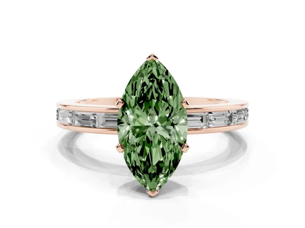 Fancy Green Marquise Cut Solitaire Diamond Ring with Channel-Set Baguette Band and Four-Prong Setting Rose gold