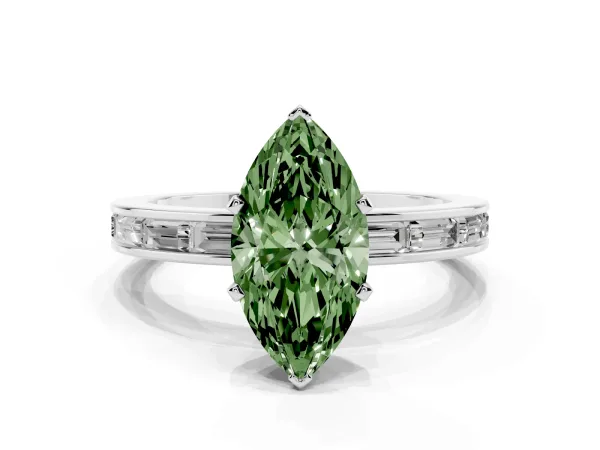 Fancy Green Marquise Cut Solitaire Diamond Ring with Channel-Set Baguette Band and Four-Prong Setting White gold