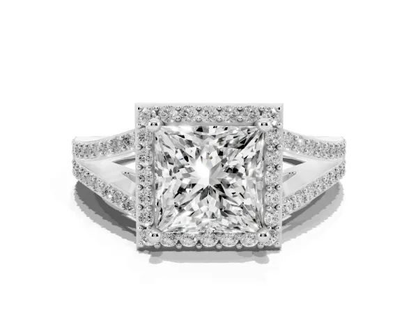 Princess Cut Halo Split Shank Pave Diamond Ring with Four-Prong Setting Platinum