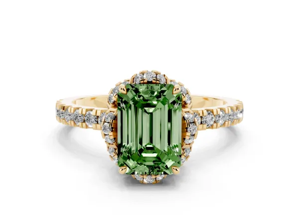 Fancy Green Emerald Cut Diamond Halo Pave Band with Four-Prong Setting Yellow gold