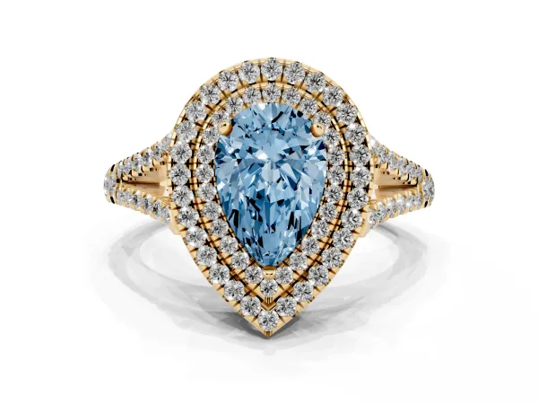 Fancy Blue Pear Cut Diamond Double Halo Ring with Pavé Band and Prong Setting Yellow gold