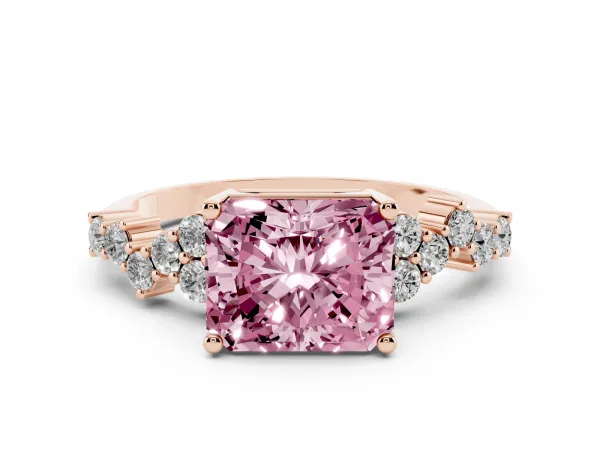 Fancy Pink Radiant Cut Diamond Scattered Round Accent Ring with Prong Setting Rose gold