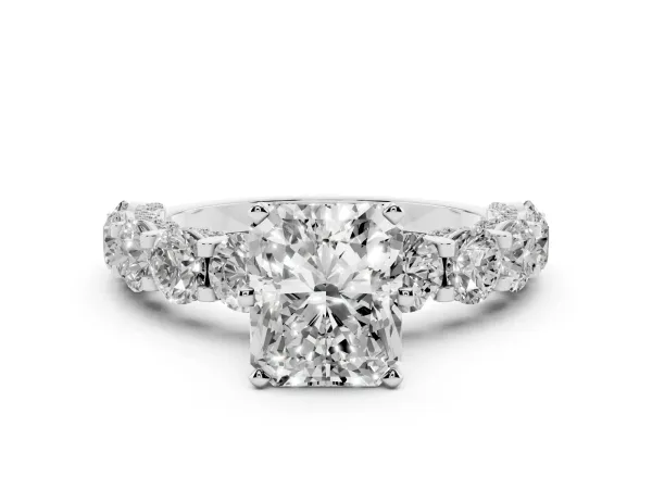 Radiant Cut Diamond Side Stone Engagement Ring with Four-Prong Setting Platinum