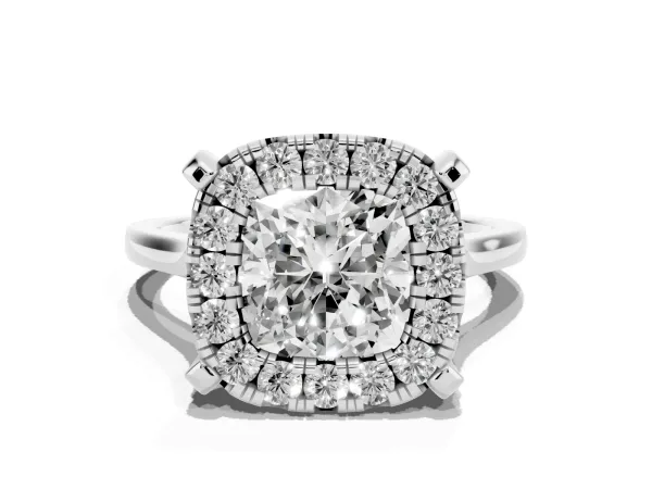Cushion Cut Diamond Cluster Halo Solitaire with Four-Prong Setting Platinum