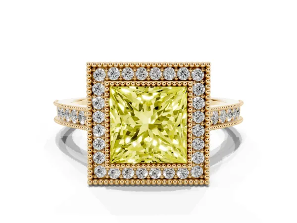 Fancy Yellow Halo Princess Cut-Cut Diamond Pave Band Milgrain Prong Setting Ring Yellow gold