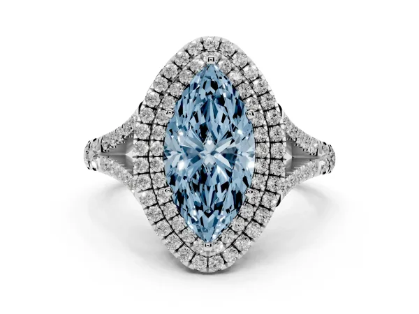 Fancy Blue Marquise Cut Cut Double Halo Split Shank Diamond Ring with Prong Setting Platinum
