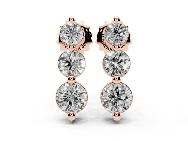 Three-Stone Round Diamond Drop Earrings with Prong Setting on White Gold Rose gold