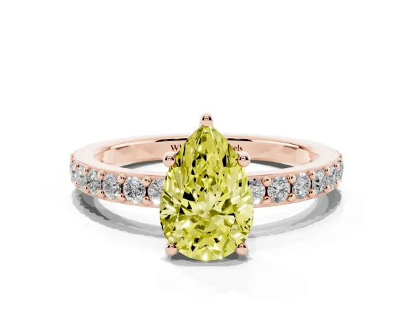 Fancy Yellow Pear Cut Cut Diamond Solitaire with Pave Band and Four-Prong Setting Rose gold