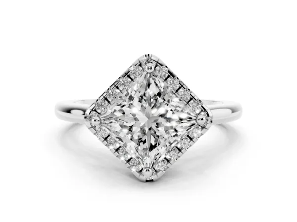 Princess Cut Halo Round Diamond Solitaire Engagement Ring with Pave Band and Four-Prong Setting Platinum