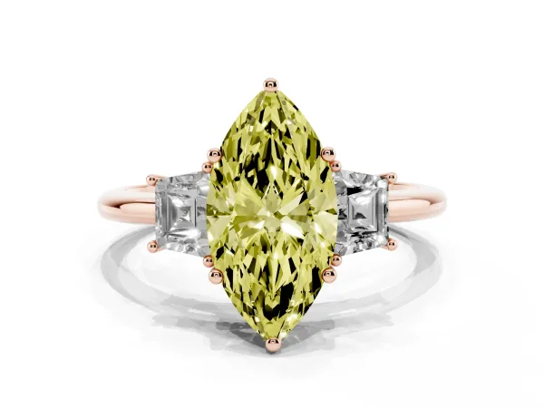 Fancy Yellow Marquise Cut Diamond Three-Stone Ring with Trapezoid Side Stones and Prong Setting Rose gold