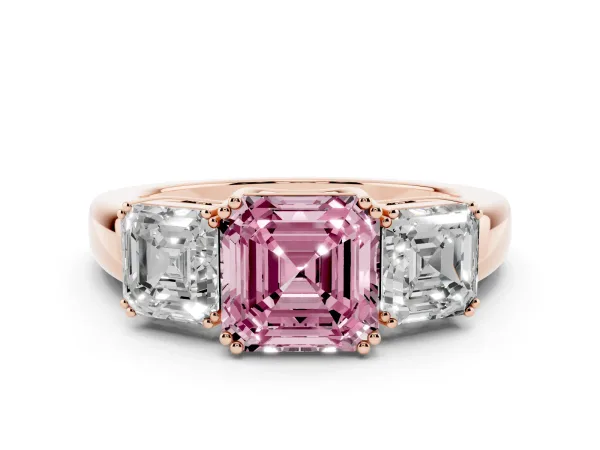Fancy Pink Three-Stone Asscher Cut Cut Diamond Ring with Channel Set Band and Four-Prong Setting Rose gold