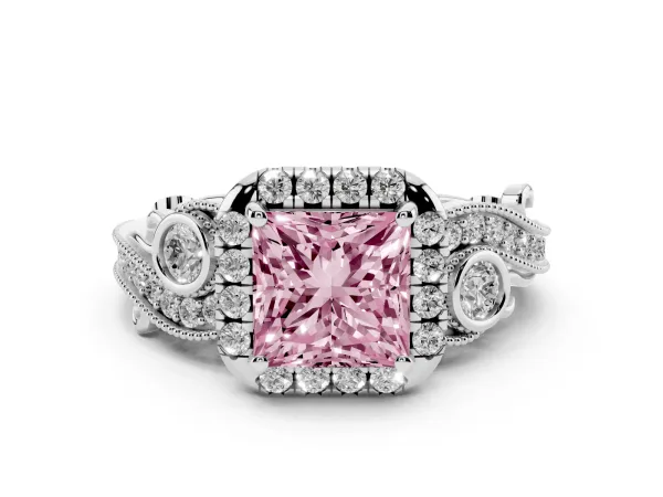 Fancy Pink Princess Cut Diamond Halo Ring with Milgrain Pavé Band and Four-Prong Setting White gold