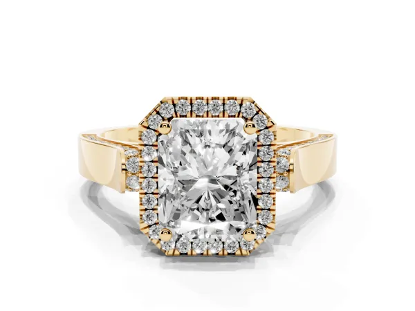 Radiant Cut Halo Round Diamond Twist Band with Four-Prong Setting Yellow gold